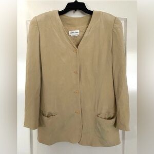 Calvin Klein Vintage 100% Silk Blazer Jacket Women’s 10 Shoulder Pads Collarless